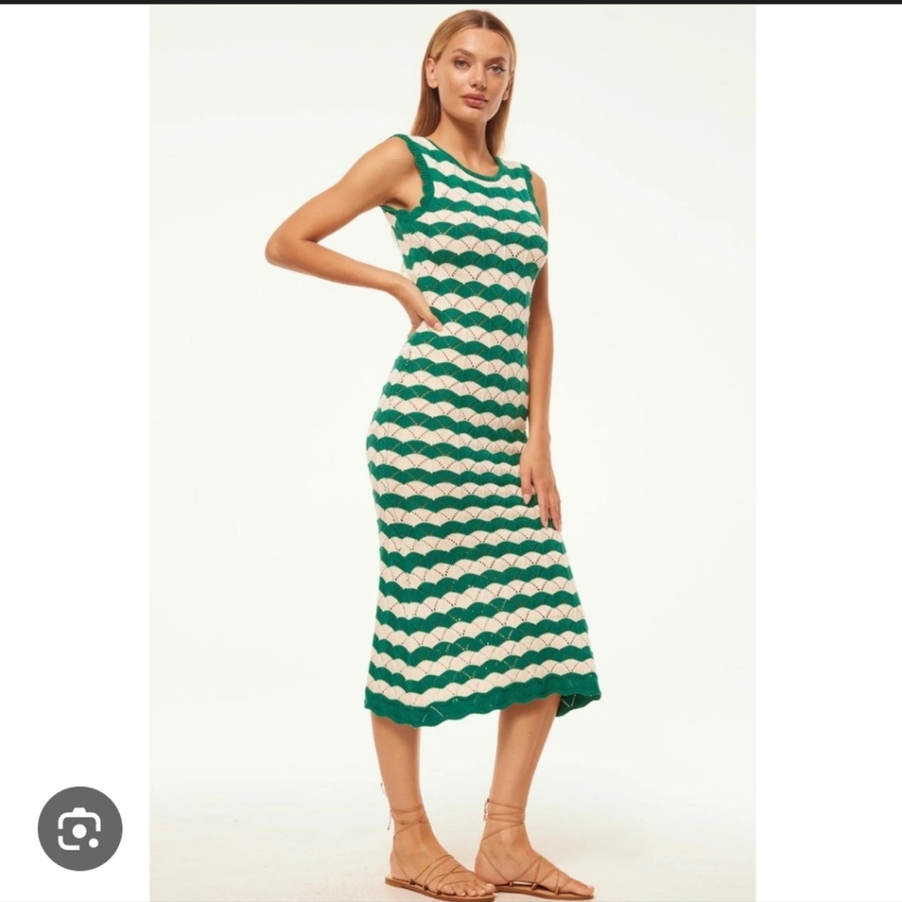 MISA NWOT Rosalba Knit Green & White Scalloped Crochet Midi Dress Size XL